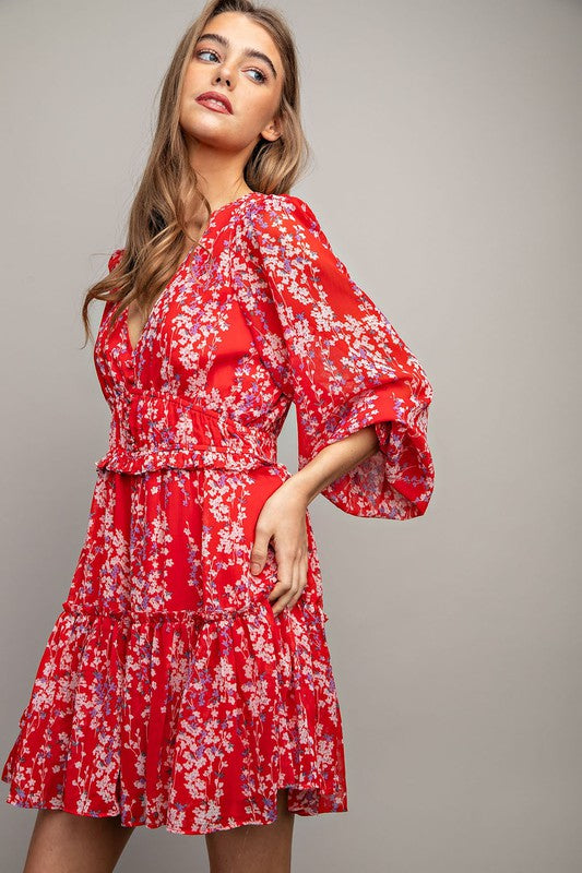 Red dress with flower hot sale print