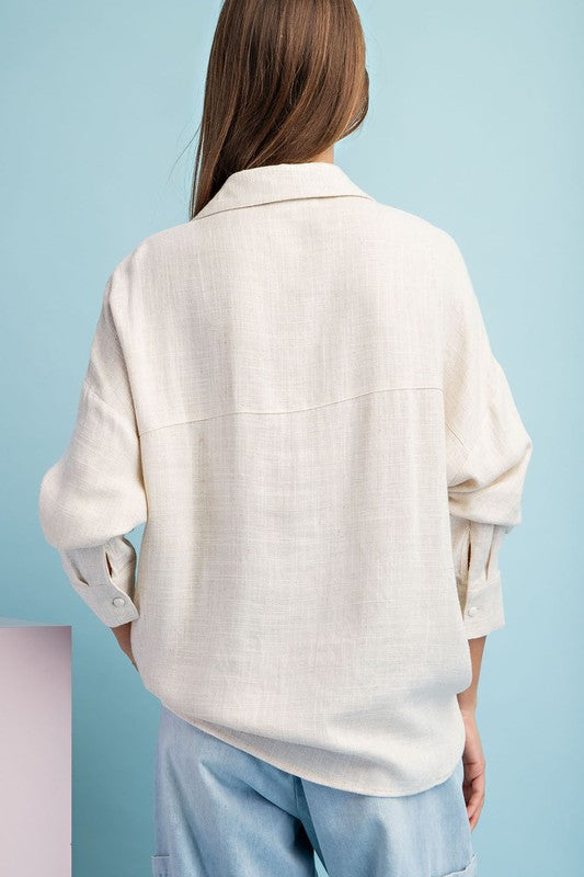 Long Sleeve Linen Top - Natural-Tops- Hometown Style HTS, women's in store and online boutique located in Ingersoll, Ontario