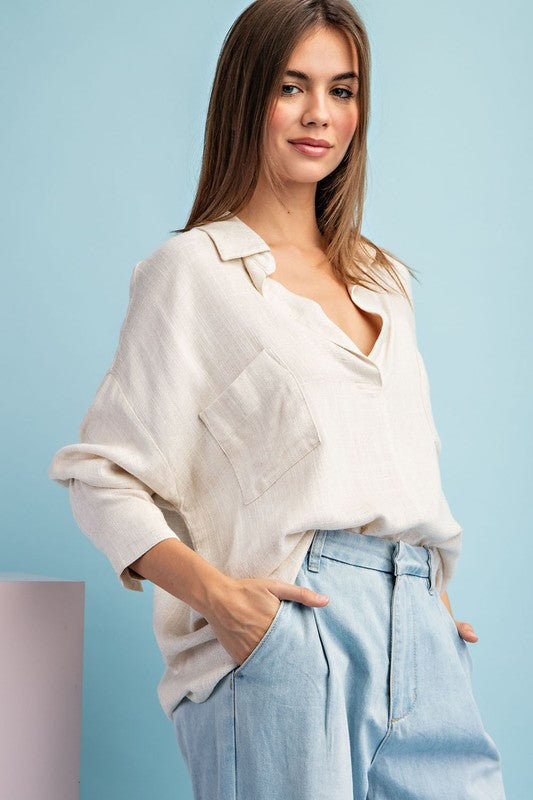 Long Sleeve Linen Top - Natural-Tops- Hometown Style HTS, women's in store and online boutique located in Ingersoll, Ontario