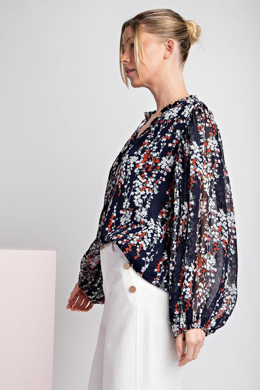 Floral Print, Long Sleeve Blouse - Navy-blouse- Hometown Style HTS, women's in store and online boutique located in Ingersoll, Ontario