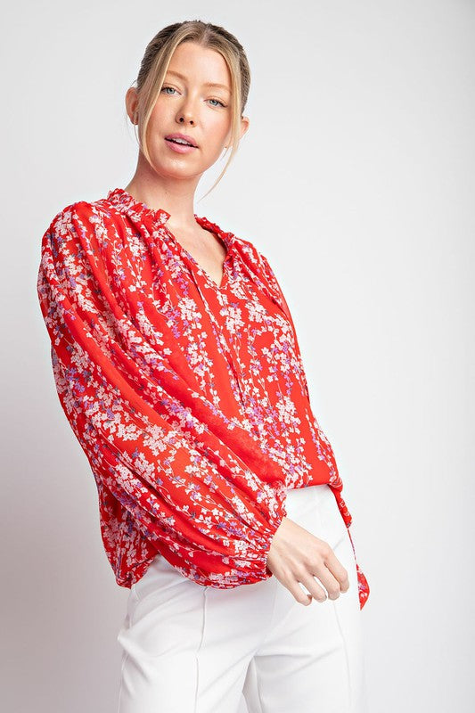 Floral Long Sleeve Blouse - Red-Shirts & Tops- Hometown Style HTS, women's in store and online boutique located in Ingersoll, Ontario