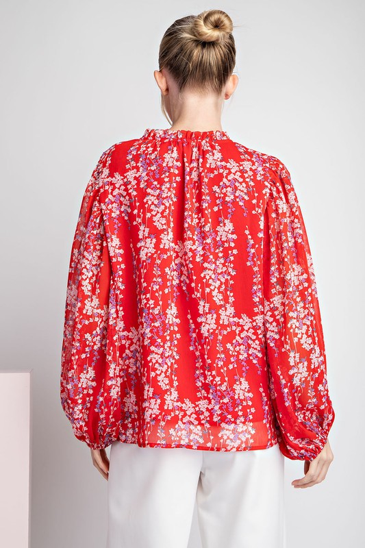 Floral Long Sleeve Blouse - Red-Shirts & Tops- Hometown Style HTS, women's in store and online boutique located in Ingersoll, Ontario