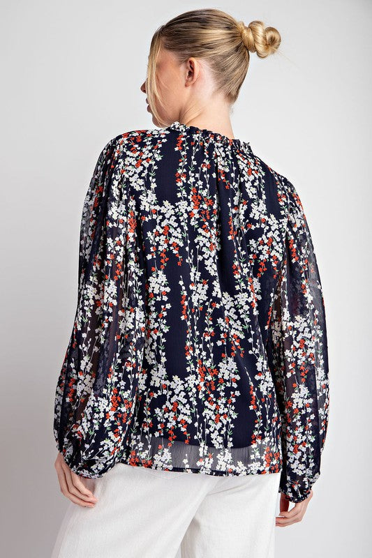 Floral Print, Long Sleeve Blouse - Navy-blouse- Hometown Style HTS, women's in store and online boutique located in Ingersoll, Ontario