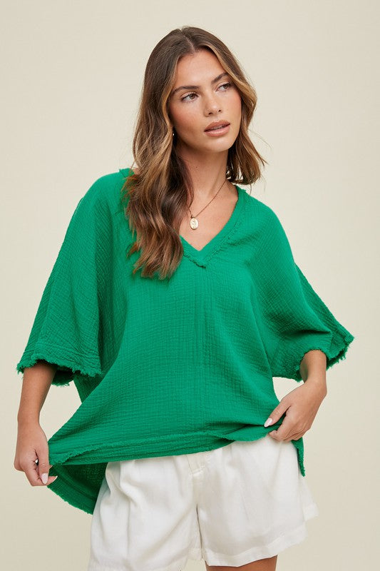 Oversized Cotton Gauze Top - Green-Shirts & Tops- Hometown Style HTS, women's in store and online boutique located in Ingersoll, Ontario