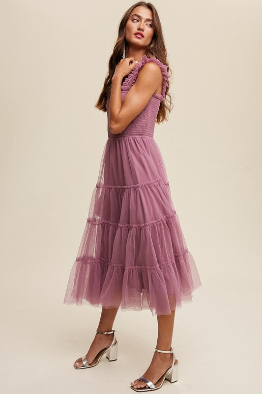 Smocked, Ruffle Tiered Mesh Maxi Dress - Lavender-Dress- Hometown Style HTS, women's in store and online boutique located in Ingersoll, Ontario