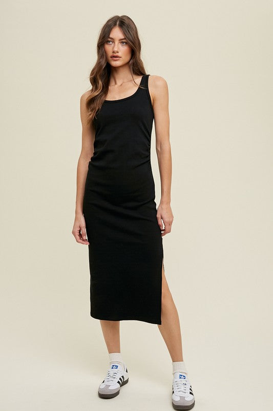 Ruched Side Detail Midi Dress - Black-Dress- Hometown Style HTS, women's in store and online boutique located in Ingersoll, Ontario