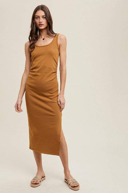 Ruched Side Detail Midi Dress- Camel-Dress- Hometown Style HTS, women's in store and online boutique located in Ingersoll, Ontario