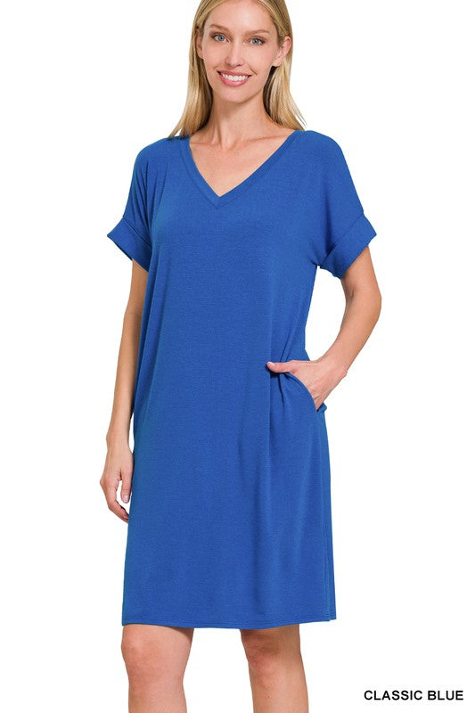 Short Sleeve, V neck Dress - Blue-Dress- Hometown Style HTS, women's in store and online boutique located in Ingersoll, Ontario