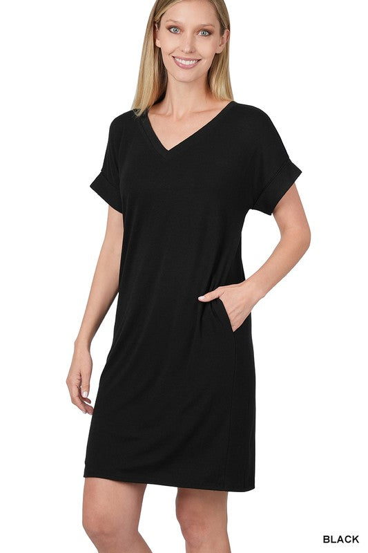 Short Sleeve, V neck Dress - Black-Dress- Hometown Style HTS, women's in store and online boutique located in Ingersoll, Ontario