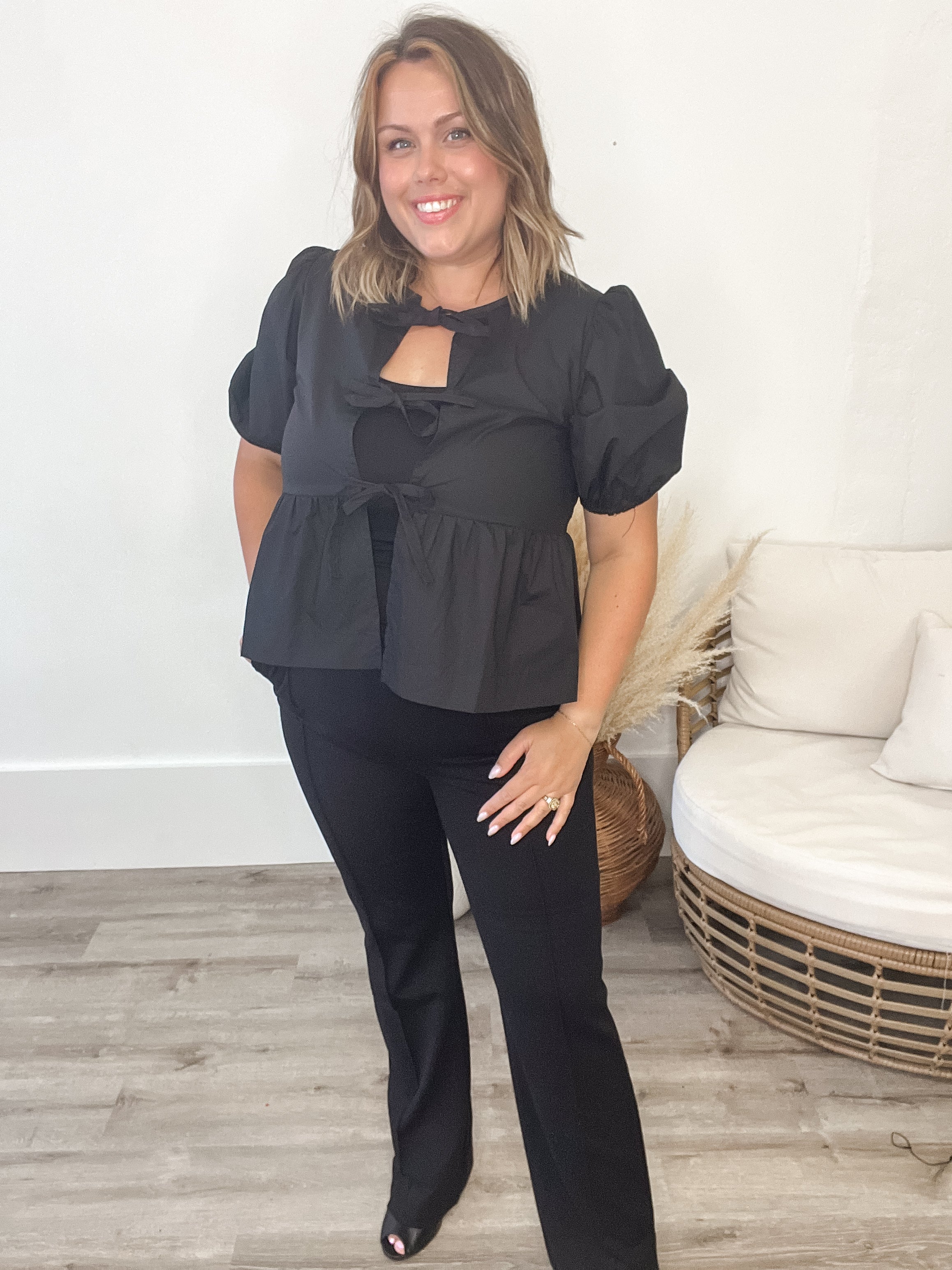 Bow Tie Up Blouse - Black-blouse- Hometown Style HTS, women's in store and online boutique located in Ingersoll, Ontario