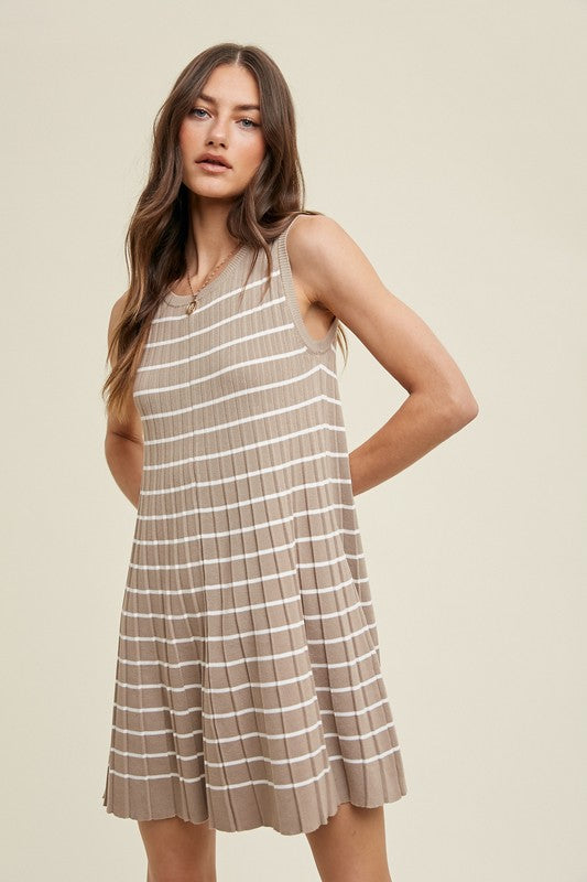Striped Pleated A-Line Mini Dress - Mocha/White-Dress- Hometown Style HTS, women's in store and online boutique located in Ingersoll, Ontario