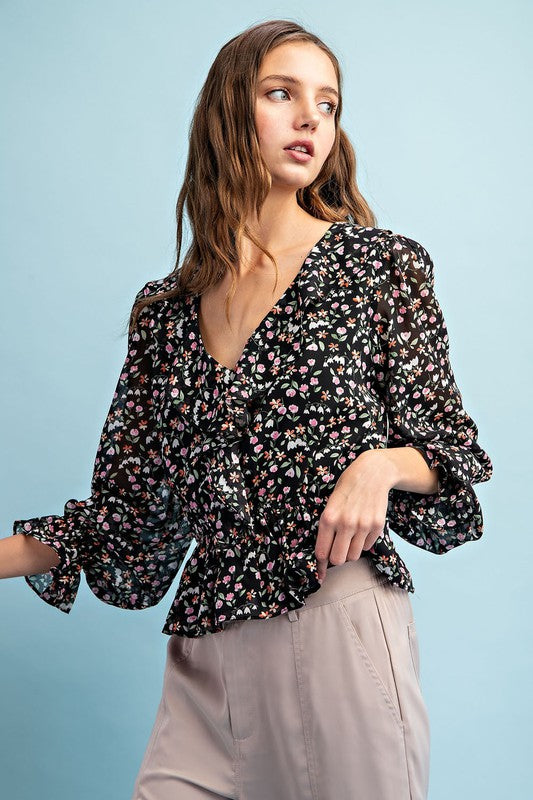 Floral Printed Long Sleeve Blouse -Black-blouse- Hometown Style HTS, women's in store and online boutique located in Ingersoll, Ontario