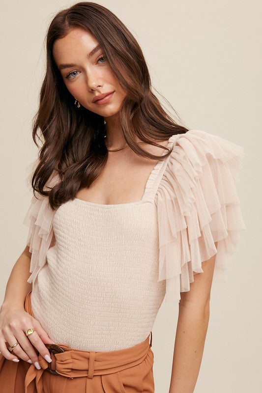 Tiered Ruffle Sleeve Smocked Bodysuit - Champagne-Tops- Hometown Style HTS, women's in store and online boutique located in Ingersoll, Ontario