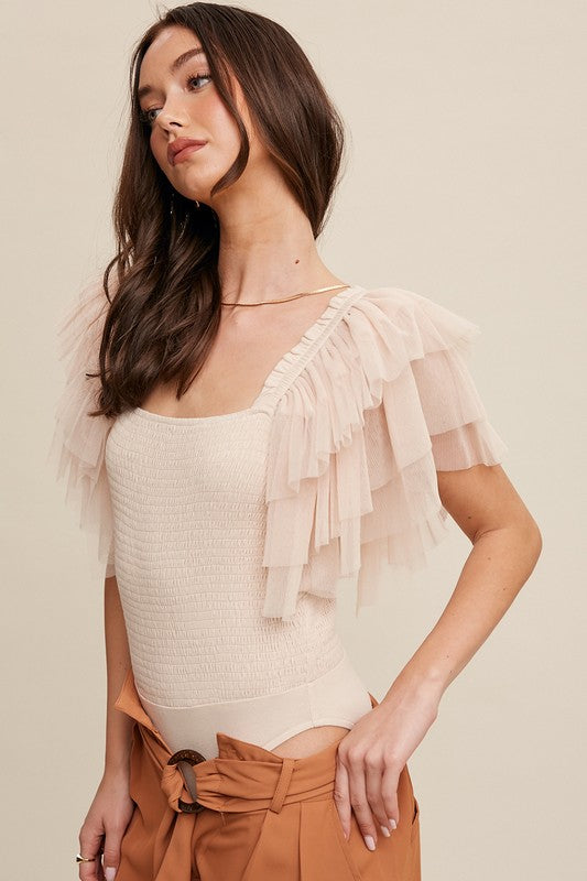 Tiered Ruffle Sleeve Smocked Bodysuit - Champagne-Tops- Hometown Style HTS, women's in store and online boutique located in Ingersoll, Ontario