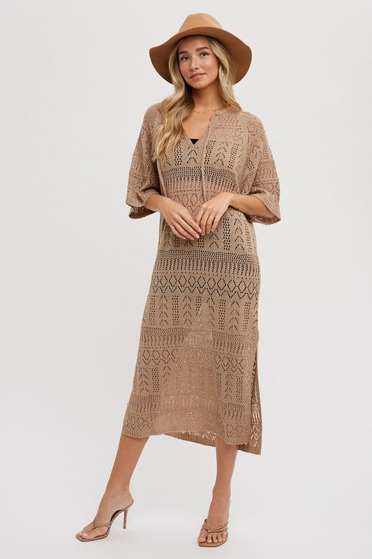 Open Knit Resort Coverup - Taupe-Dress- Hometown Style HTS, women's in store and online boutique located in Ingersoll, Ontario