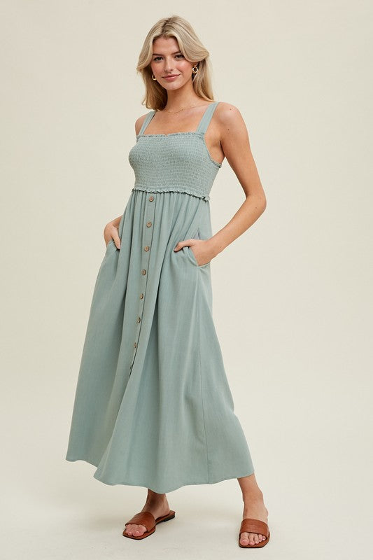 Smocked Linen Midi Dress - Sage-Dress- Hometown Style HTS, women's in store and online boutique located in Ingersoll, Ontario