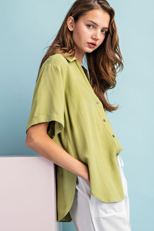 Button Down Blouse with Collar - Avocado-Shirts & Tops- Hometown Style HTS, women's in store and online boutique located in Ingersoll, Ontario