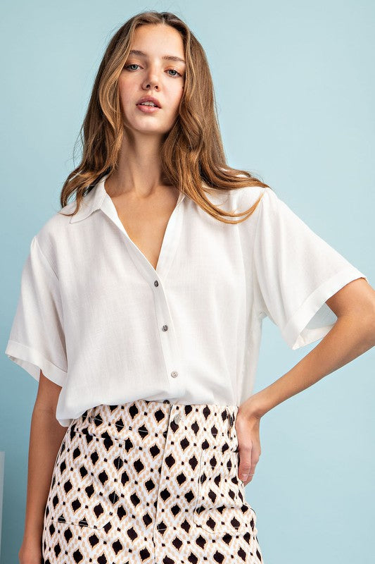 Button Down Blouse with Collar - White-Shirts & Tops- Hometown Style HTS, women's in store and online boutique located in Ingersoll, Ontario