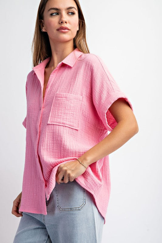 Cotton Gauze Button Down - Pink-Tops- Hometown Style HTS, women's in store and online boutique located in Ingersoll, Ontario
