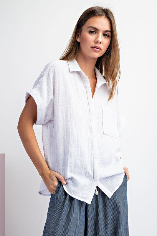 Cotton Gauze Button Down - White-Shirts & Tops- Hometown Style HTS, women's in store and online boutique located in Ingersoll, Ontario