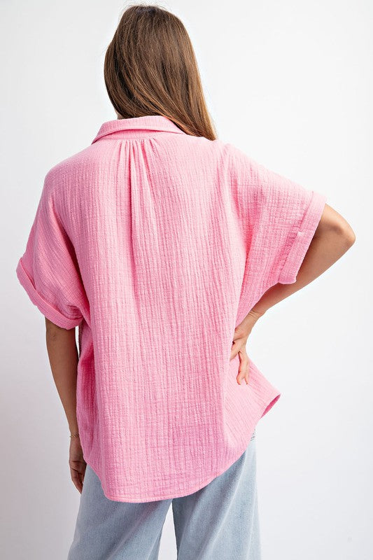 Cotton Gauze Button Down - Pink-Tops- Hometown Style HTS, women's in store and online boutique located in Ingersoll, Ontario