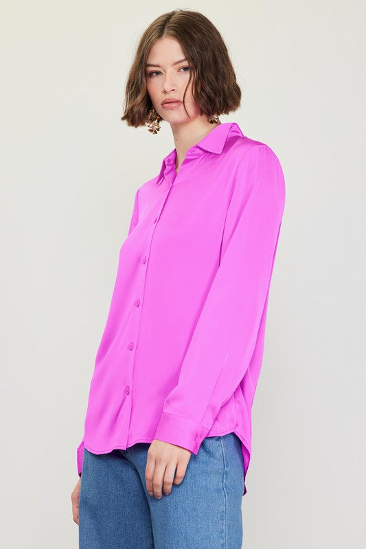 Satin Classic Button Down Blouse - Rose Violet-Shirts & Tops- Hometown Style HTS, women's in store and online boutique located in Ingersoll, Ontario