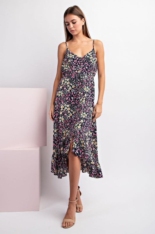Floral Print, Spaghetti Strap Midi Dress - Navy-Dress- Hometown Style HTS, women's in store and online boutique located in Ingersoll, Ontario