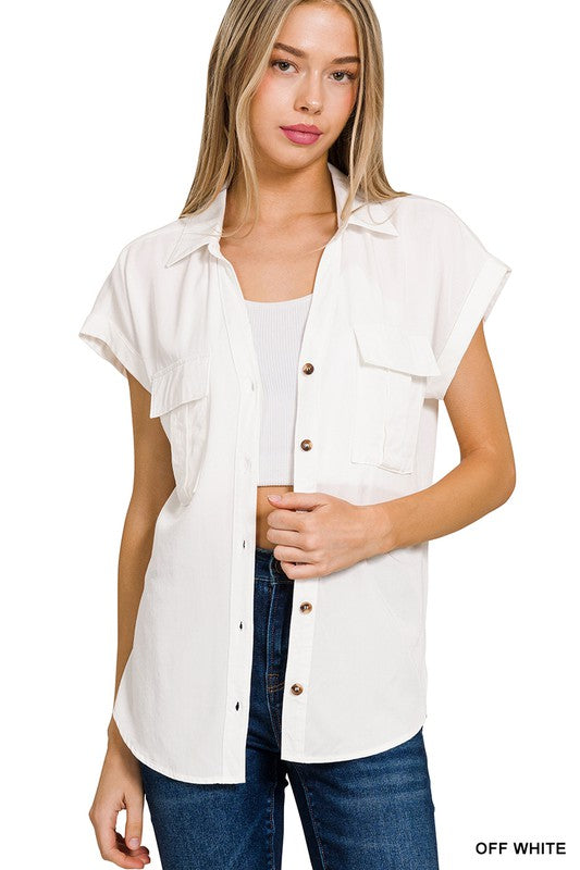 Tencel Button Down Top - Off White-Tops- Hometown Style HTS, women's in store and online boutique located in Ingersoll, Ontario