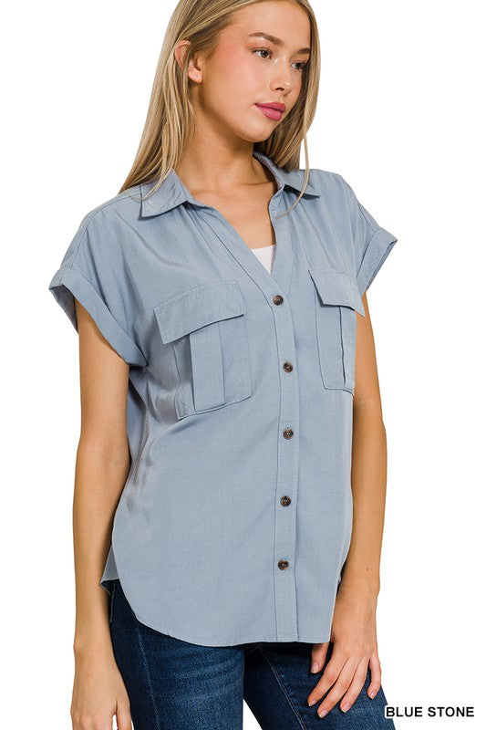 Tencel Button Down Top - Blue Stone-Tops- Hometown Style HTS, women's in store and online boutique located in Ingersoll, Ontario