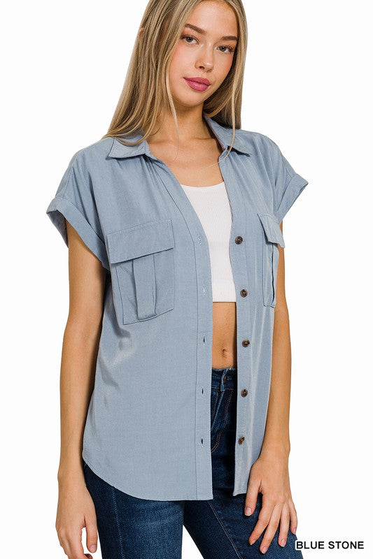 Tencel Button Down Top - Blue Stone-Tops- Hometown Style HTS, women's in store and online boutique located in Ingersoll, Ontario
