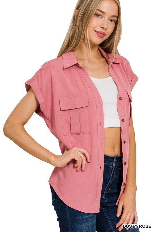 Tencel Button Down Top - Dusty Rose-Tops- Hometown Style HTS, women's in store and online boutique located in Ingersoll, Ontario