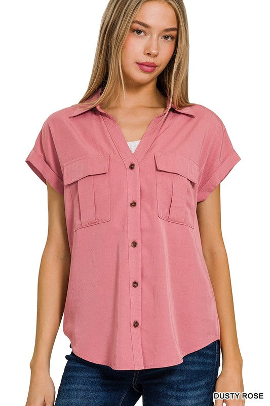 Tencel Button Down Top - Dusty Rose-Tops- Hometown Style HTS, women's in store and online boutique located in Ingersoll, Ontario