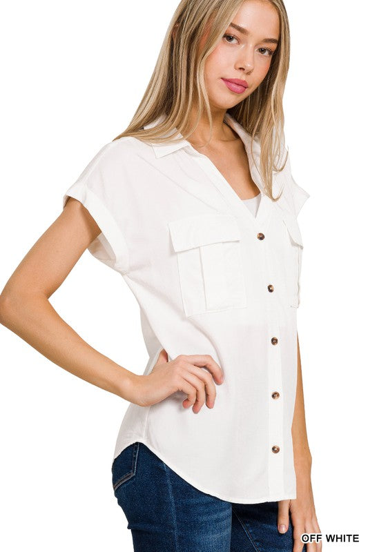 Tencel Button Down Top - Off White-Tops- Hometown Style HTS, women's in store and online boutique located in Ingersoll, Ontario