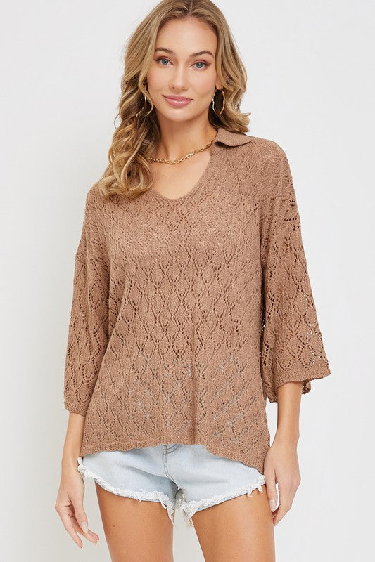 Pointelle Knit Top - Mocha-Sweater- Hometown Style HTS, women's in store and online boutique located in Ingersoll, Ontario