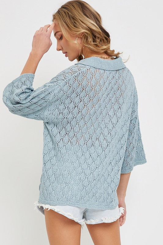 Pointelle Knit Top - Blue-Sweater- Hometown Style HTS, women's in store and online boutique located in Ingersoll, Ontario