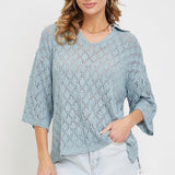 Pointelle Knit Top - Blue-Sweater- Hometown Style HTS, women's in store and online boutique located in Ingersoll, Ontario