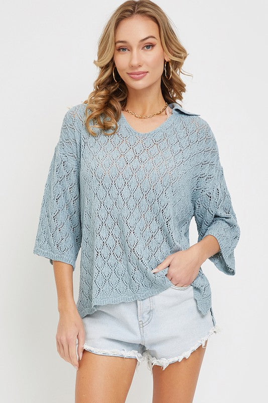 Pointelle Knit Top - Blue-Sweater- Hometown Style HTS, women's in store and online boutique located in Ingersoll, Ontario