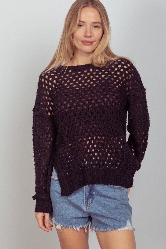 Open Knit Sweater Top - Black-Sweater- Hometown Style HTS, women's in store and online boutique located in Ingersoll, Ontario