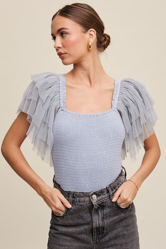 Tiered Ruffle Sleeve Smocked Bodysuit - Dusty Blue-Tops- Hometown Style HTS, women's in store and online boutique located in Ingersoll, Ontario