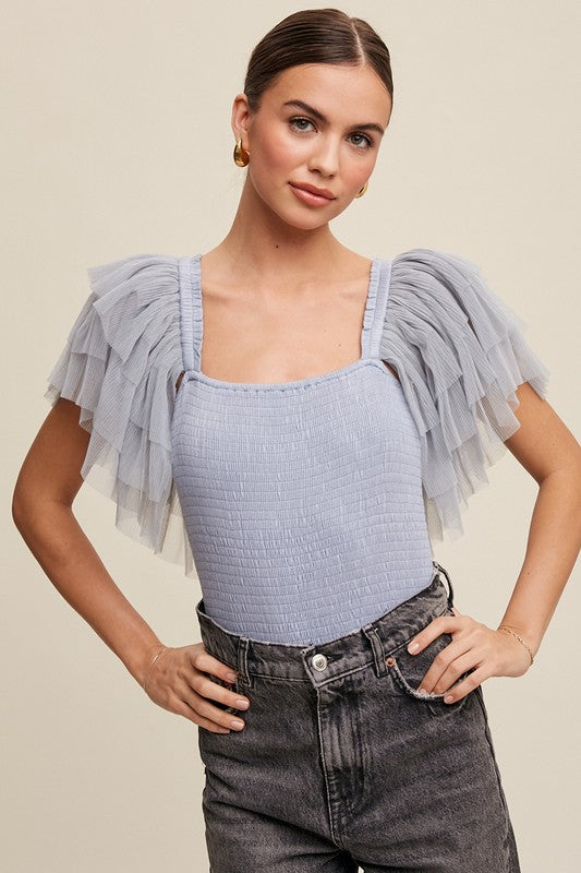 Tiered Ruffle Sleeve Smocked Bodysuit - Dusty Blue-Tops- Hometown Style HTS, women's in store and online boutique located in Ingersoll, Ontario