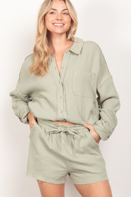 Cotton Shirt & Shorts Set - Sage-set- Hometown Style HTS, women's in store and online boutique located in Ingersoll, Ontario