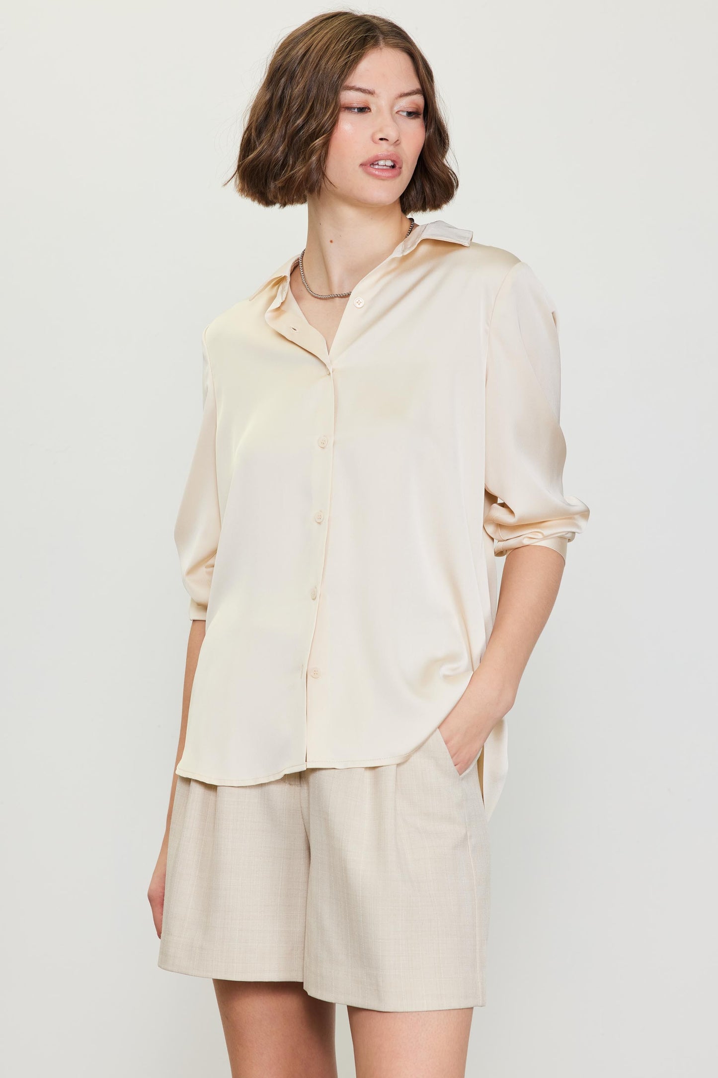 Satin Classic Button Down Blouse - Shell-Shirts & Tops- Hometown Style HTS, women's in store and online boutique located in Ingersoll, Ontario