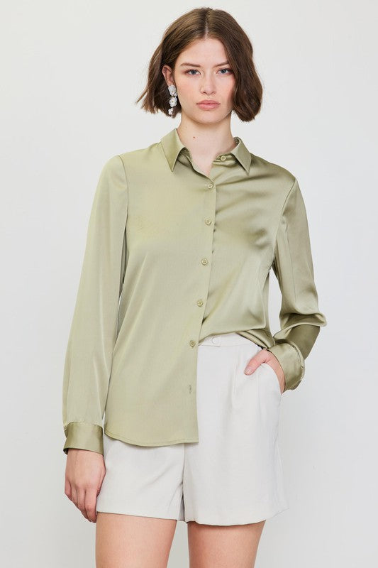 Satin Classic Button Down Blouse - Sage-Shirts & Tops- Hometown Style HTS, women's in store and online boutique located in Ingersoll, Ontario