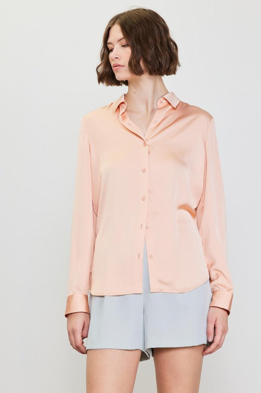 Satin Classic Button Down Blouse - Rose Cloud-Shirts & Tops- Hometown Style HTS, women's in store and online boutique located in Ingersoll, Ontario