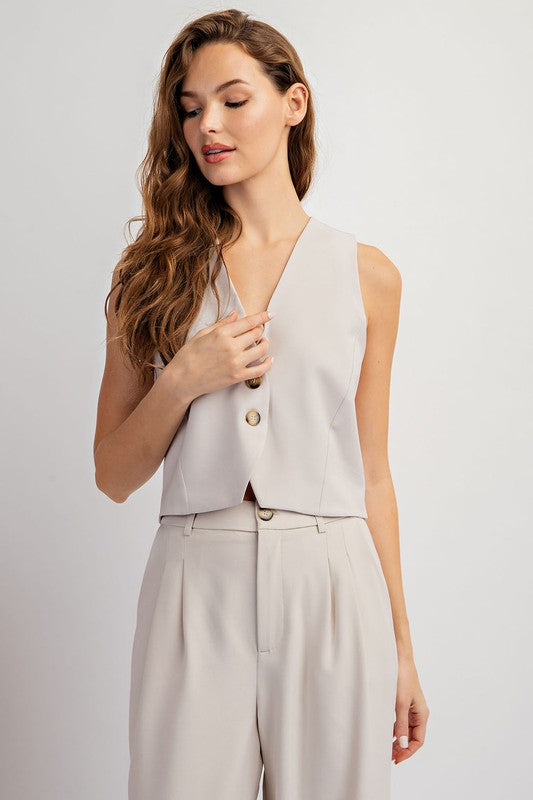 Sleeveless Vest with Buttons - Oatmeal-vest- Hometown Style HTS, women's in store and online boutique located in Ingersoll, Ontario
