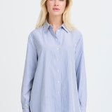 Button down, Cotton Shirt - Blue Stripe-blouse- Hometown Style HTS, women's in store and online boutique located in Ingersoll, Ontario