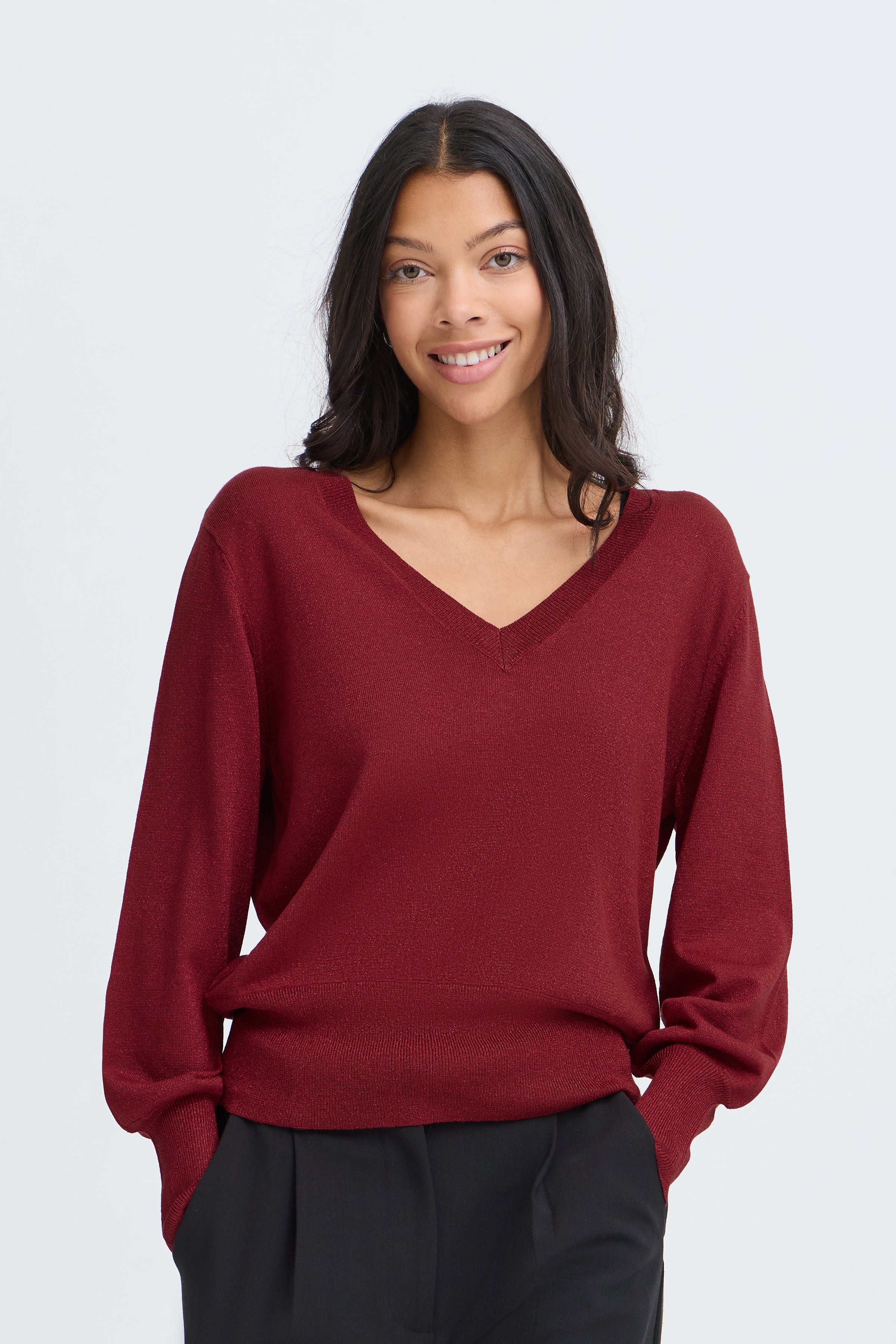 MOBBE V JUMPER- Sundried Tomato-Casual Tops- Hometown Style HTS, women's in store and online boutique located in Ingersoll, Ontario