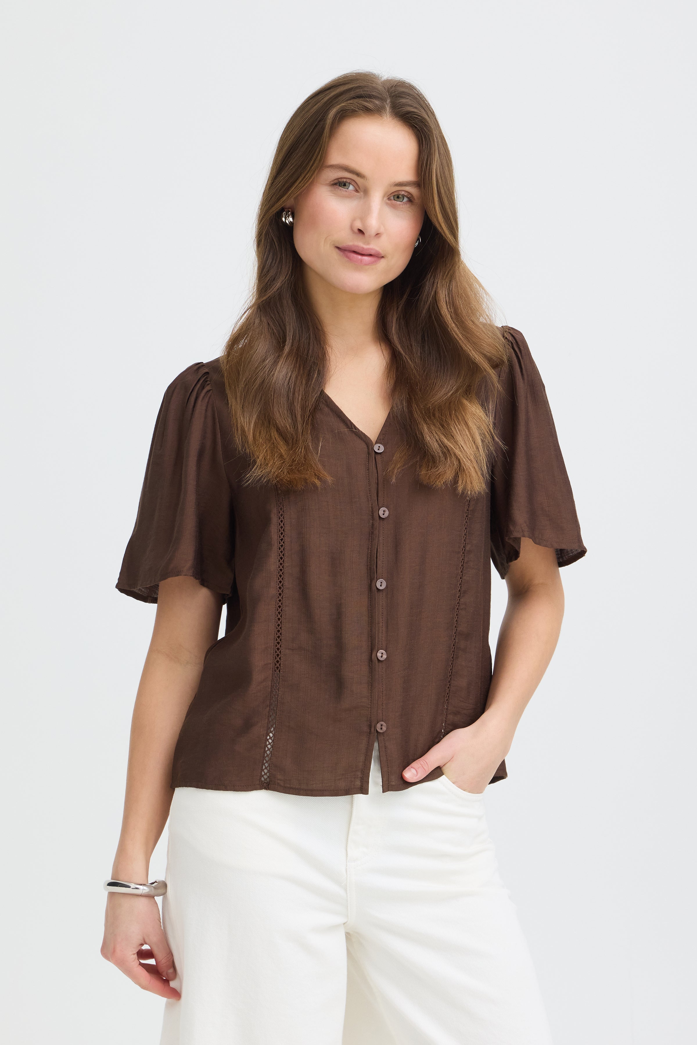 BYXISELDA VNECK SHIRT - Shaved Chocolate-Casual Tops- Hometown Style HTS, women's in store and online boutique located in Ingersoll, Ontario