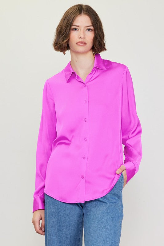Satin Classic Button Down Blouse - Rose Violet-Shirts & Tops- Hometown Style HTS, women's in store and online boutique located in Ingersoll, Ontario