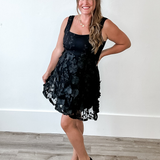 Square Neck 3D Floral Lace Mini Dress - Black-Special Occasion Dress- Hometown Style HTS, women's in store and online boutique located in Ingersoll, Ontario